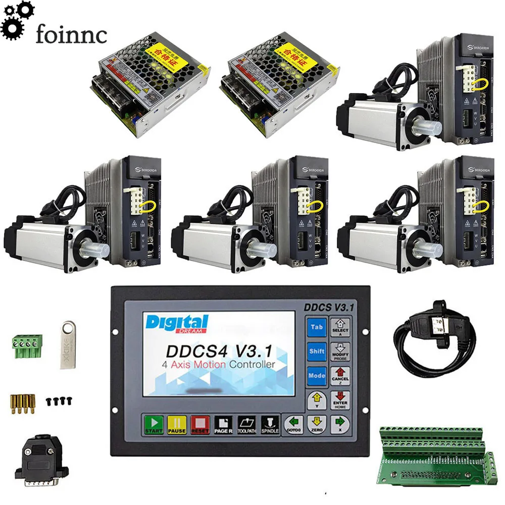 CNC four-axis combination kit,1* ddcsv3.1 Offline CNC Controller+4*750w AC servo motor kit Z-Axis with brake+2* 75W power supply