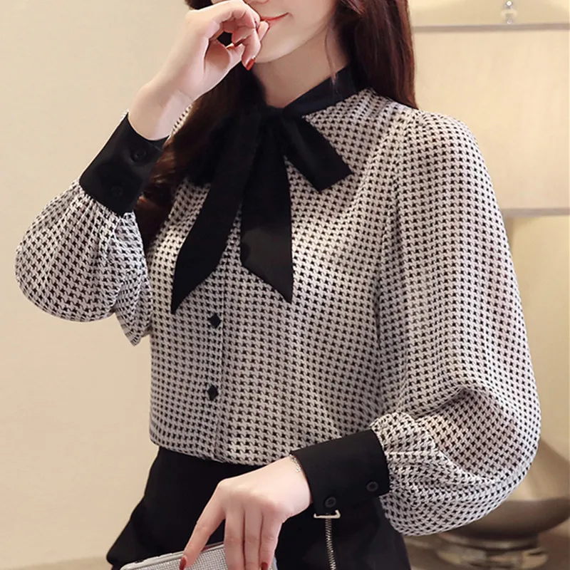 Блузка женская шифоновая в клетку Модная элегантная офисная рубашка с завязкой и