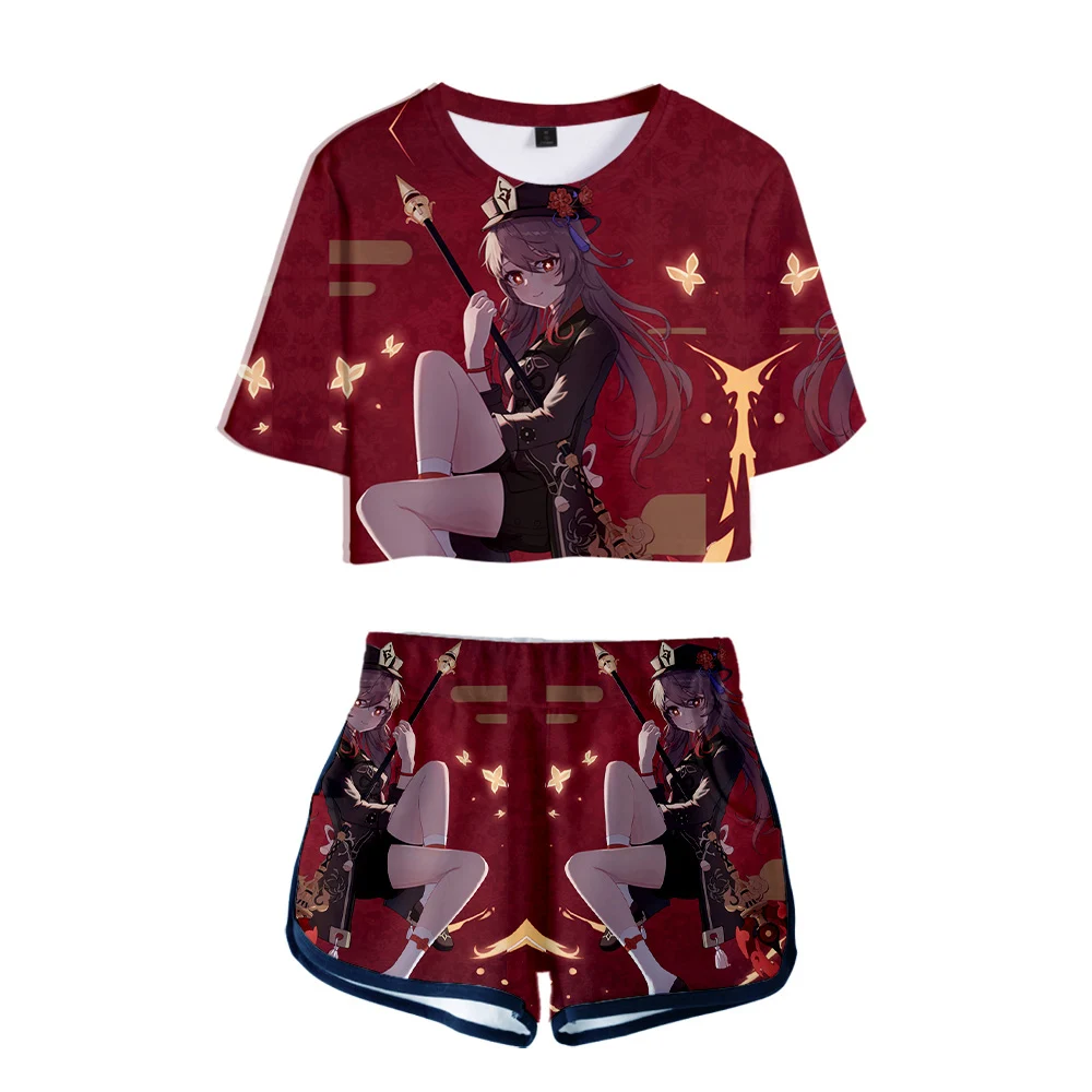 

Genshin Impact Cosplay Hu Tao 3D Print Two-piece Summer Umbilical Shirt Women Kawaii Girl T shirt+shorts Set Classic Clothes