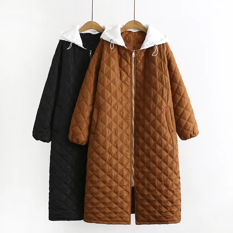

Зимнее пальто больших размеров для женщин, 5XL, с капюшоном и добавлением хлопка, утепленная антресоль с ромбовидной решеткой, толстая куртка...