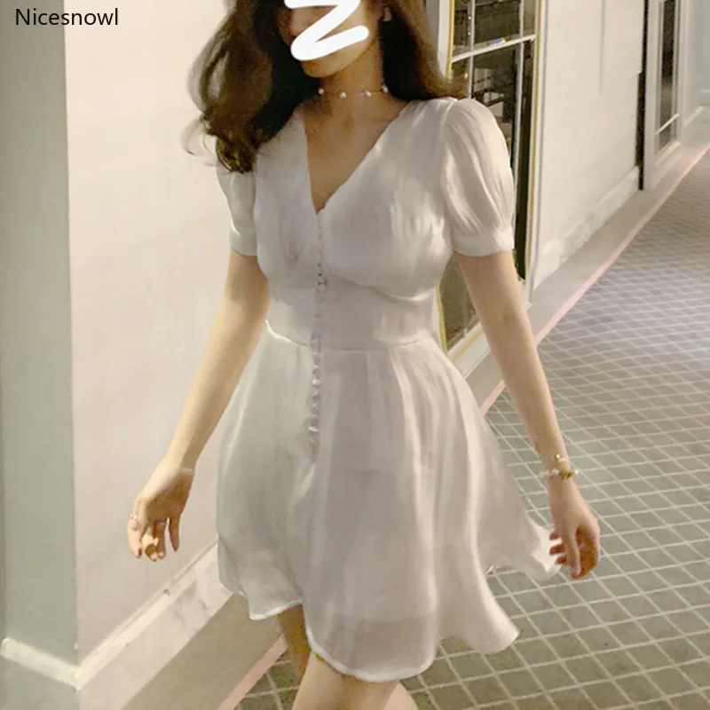 

Robe Femme 2020 New Summer Women Korean Fashion Vintage Solid Sexy V-neck Mini Dress Puff Sleeve Vacation Party Dress Vestidos