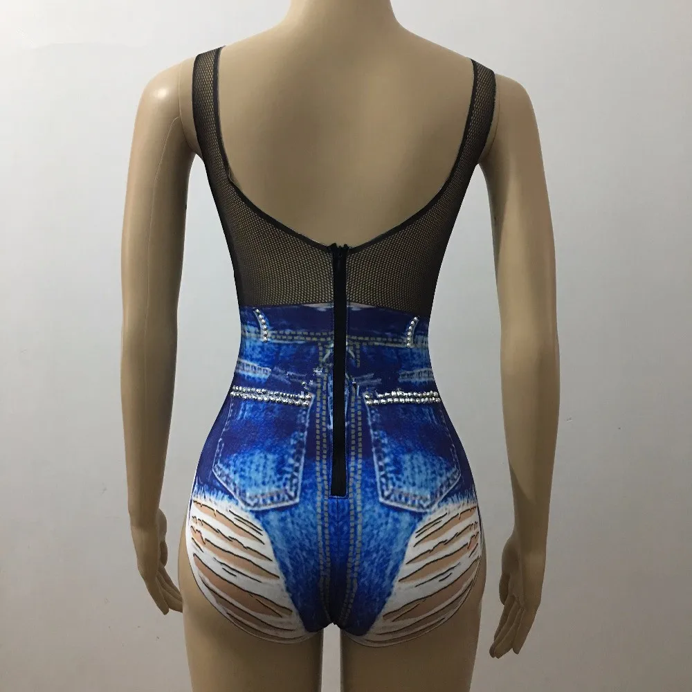 Пикантные джинсы с принтом облегающий эластичный боди женский наряд купальник