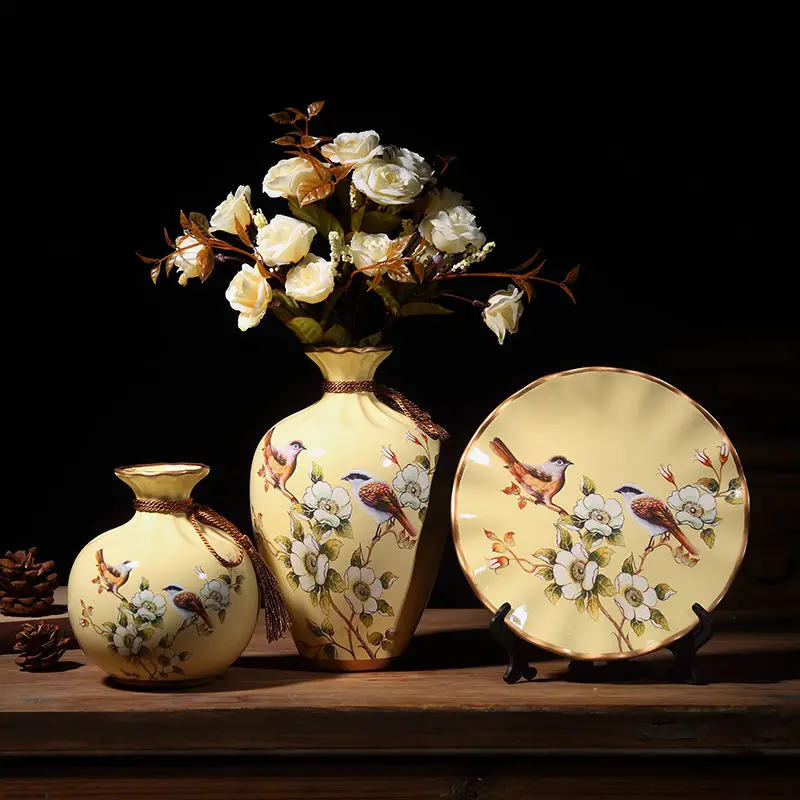 3Pcs/Set Ceramic Vase Dried Flowers Arrangement Wobble Plate Living Room Entrance Ornaments Home Decorations 3