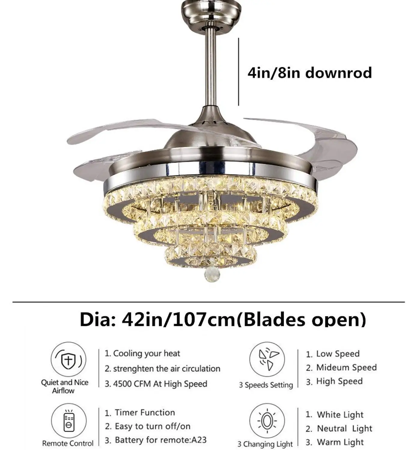 Хрустальный потолочный вентилятор 42 дюйма люстра с дистанционным управлением