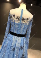 2021 Blue Evening Dress Real Photos High Quality Customized A-line Long Sleeves Heavy Beads Floor Length Prom Party Dress