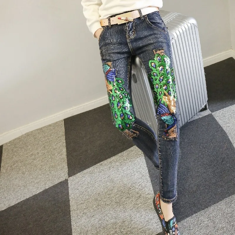 Женские модные облегающие джинсовые брюки с пайетками украшенные павлином