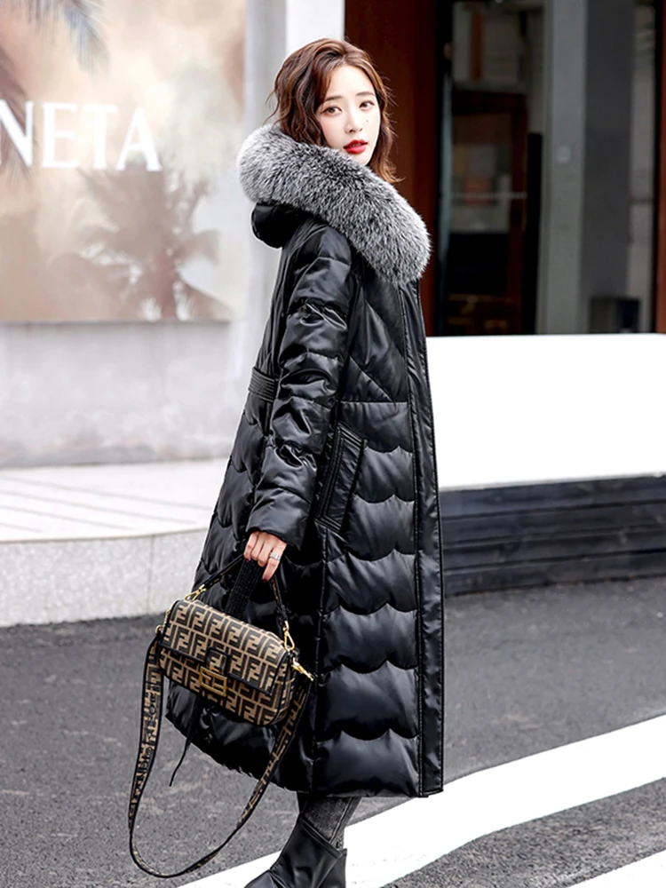 New Women Sheepskin Down Jacket Autumn Winter 2022 Elegant Fashion Real Fox Fur Collar Thick Warm Slim Long Leather Overcoat