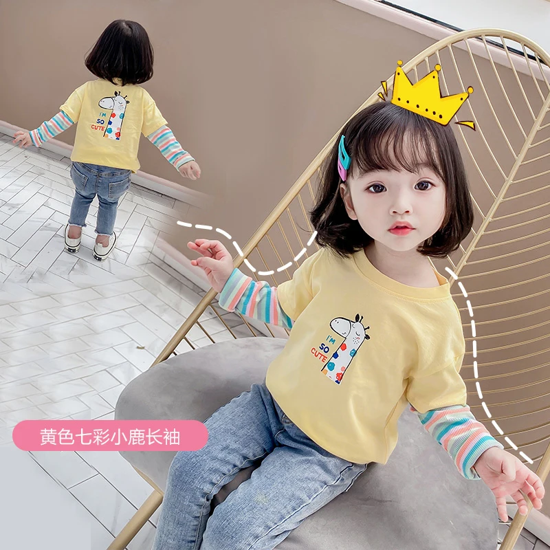 

Baby Girls Clothes Children Cotton Cartoon Anime Giraffe Long Sleeve T Shirts Fake Two Spliced Striped Cute Fashion Toddler Tops