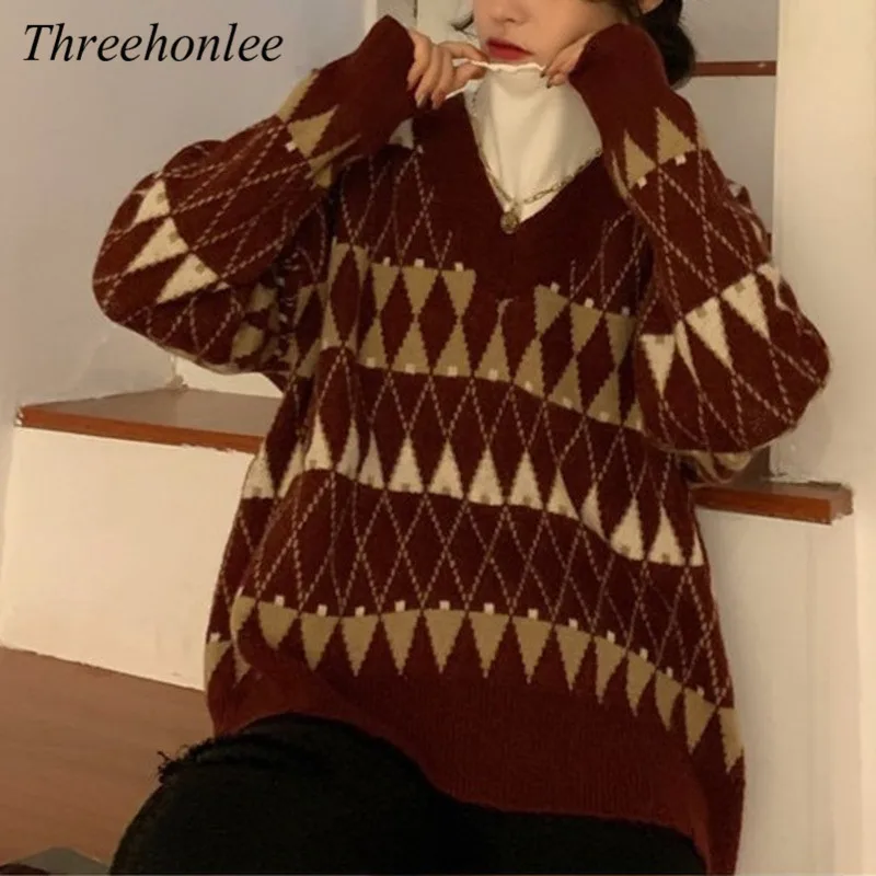 

Spring Autumn Sweaters For Women Vintage Argyle Korean Chic V-Neck Ladies Pullovers Popular Female Knitting Clothing