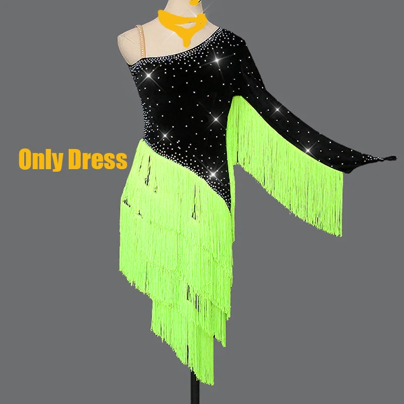 Only Dress Латинское платье для танцев флуоресцентный зеленый Ленточки осеннее платье Для женщин одежды для конкурса танцов Стразы платья платье с бахромой единого дизайна для Сальса Одежда для танцев Детские платья дл - Цвет: Only Dress