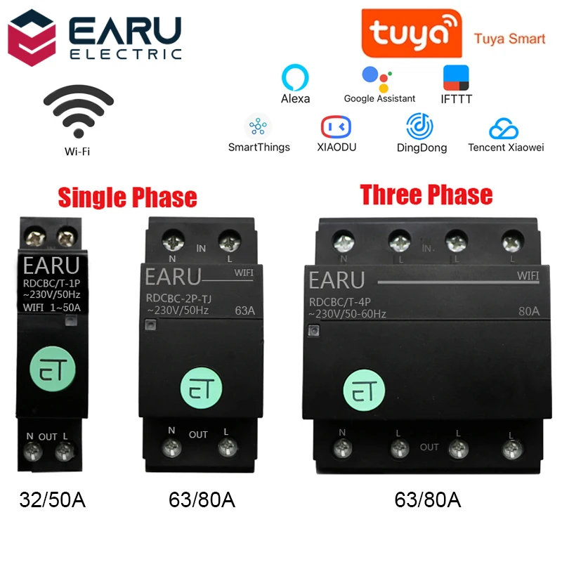 

1P 2P 4P WiFi Circuit Breaker Time Timer Relay Switch Smart House Voice Remote Control by TUYA APP for Amazon Alexa Google Home