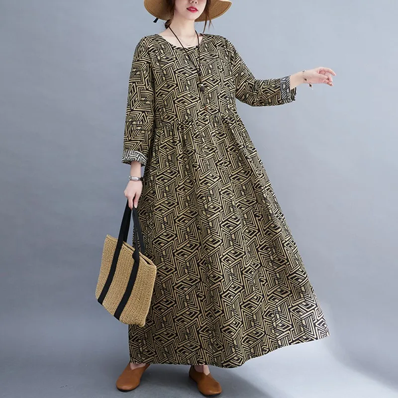 

Women Cotton Linen Casual Dress New 2021 Autumn Arts Style Vintage Print Loose Ladies A-line Long Dresses B1338