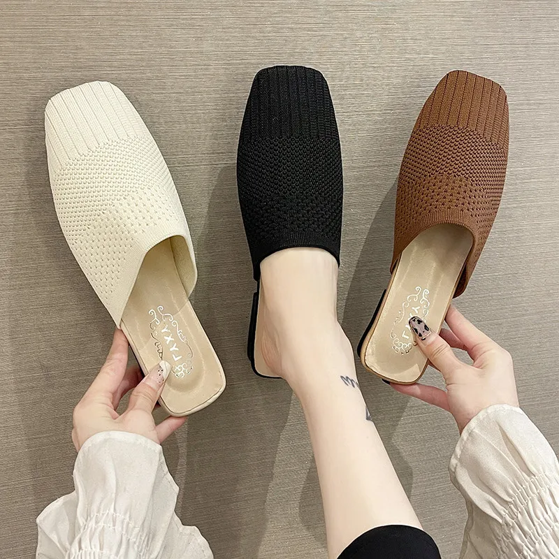 

Low Shoes Square Toe Mules For Women 2022 Slippers Soft Luxury Slides Comfort Cover Designer Fabric Basic Bonded Leather Rubber