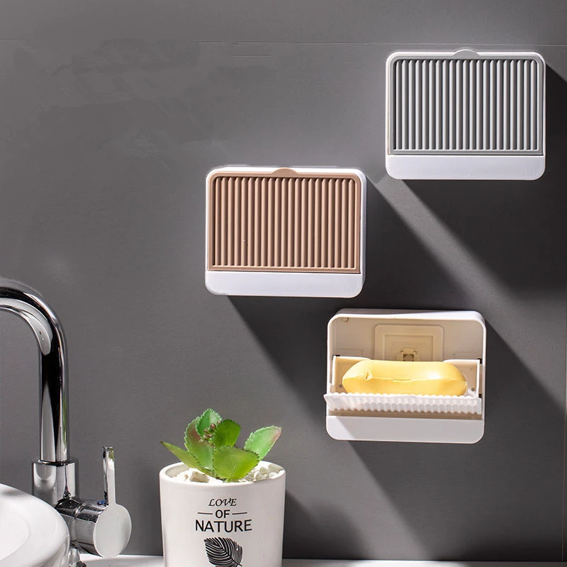 

Creative Wall Mounted Soap Box With Lid Double Grids Soap Draining Rack Bathroom Soap Holder