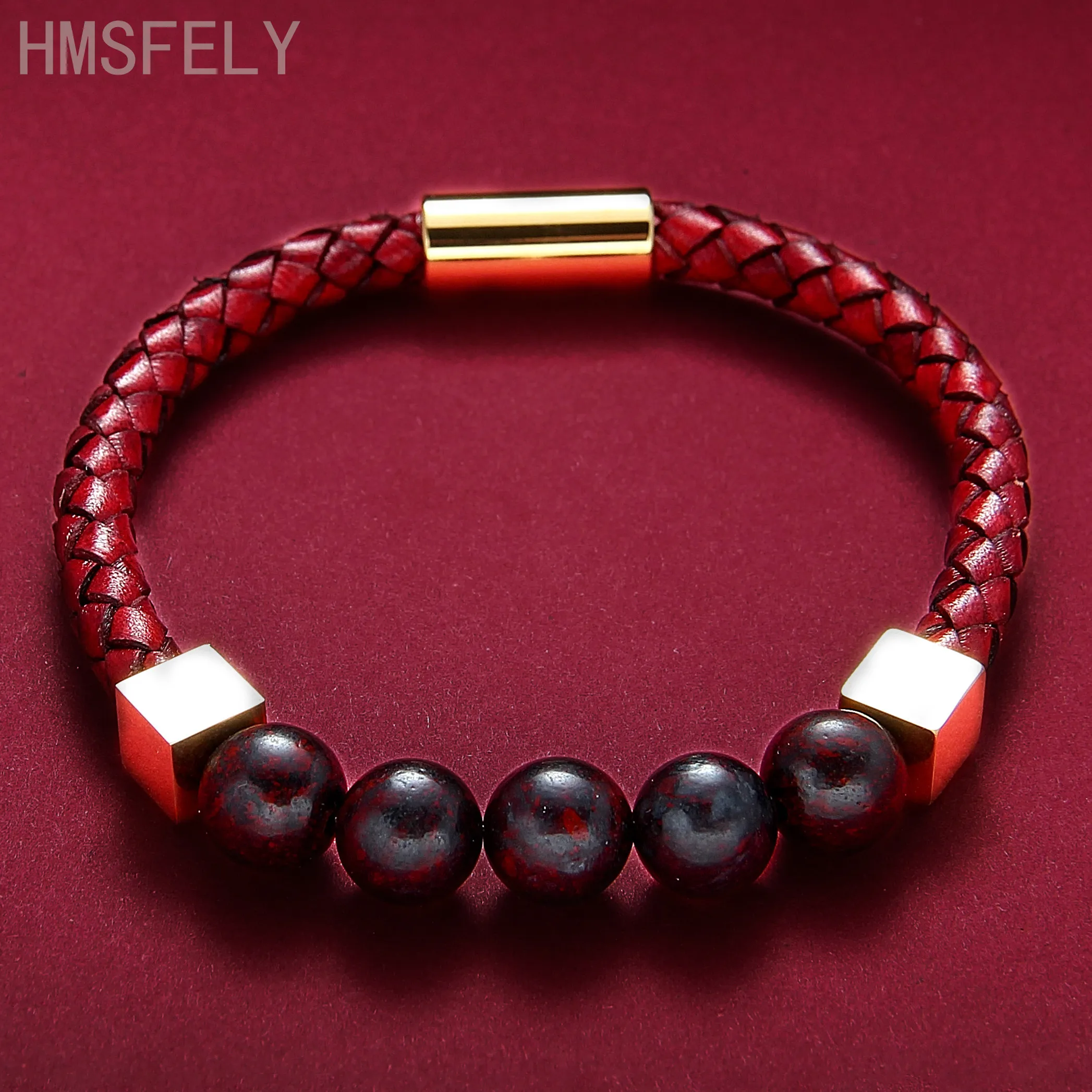 

HMSFELY Retro Style Red Genuine Leather Bracelet Natural Red Ore Beaded Plating Gold Magnetic Clasp Rope Bracelets For Men Women