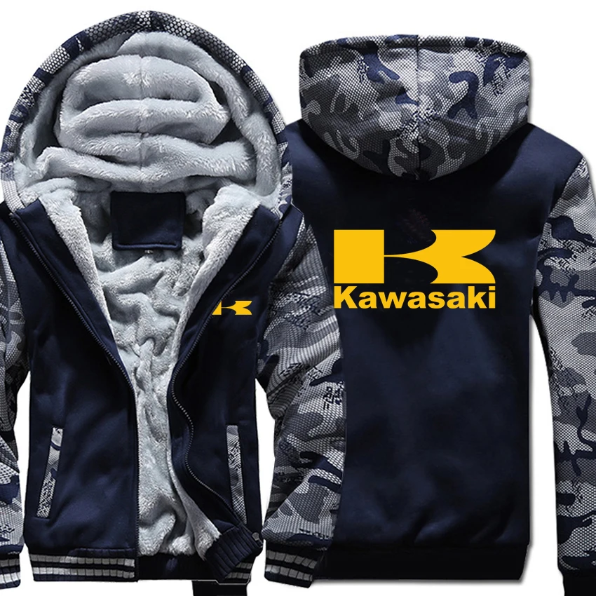Kawasaki, моторные толстовки зимняя камуфляжная теплая зимняя куртка с капюшоном на утином Для мужчин флис Мотоцикл Kawasaki Толстовка