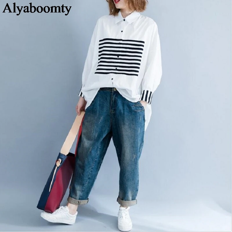 2021 размера плюс Сезон весна осень Женская блузка в полоску с рисунком из кусков