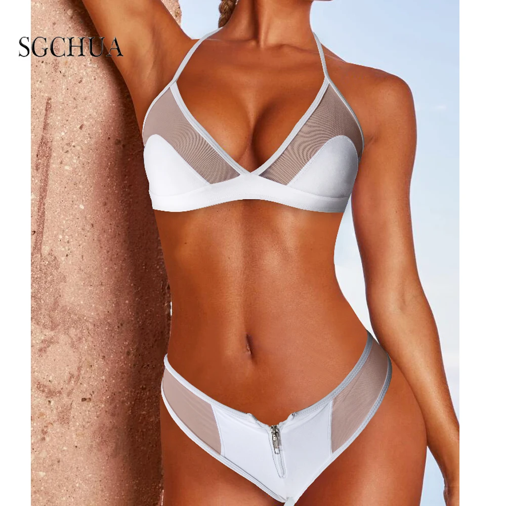 

Sexy Women Summer Swimwear Bikini Set Solid White Bra Zipper Thong Two Piece Swimsuit Deep V Swimsuit Bathing Suit Swimming Suit