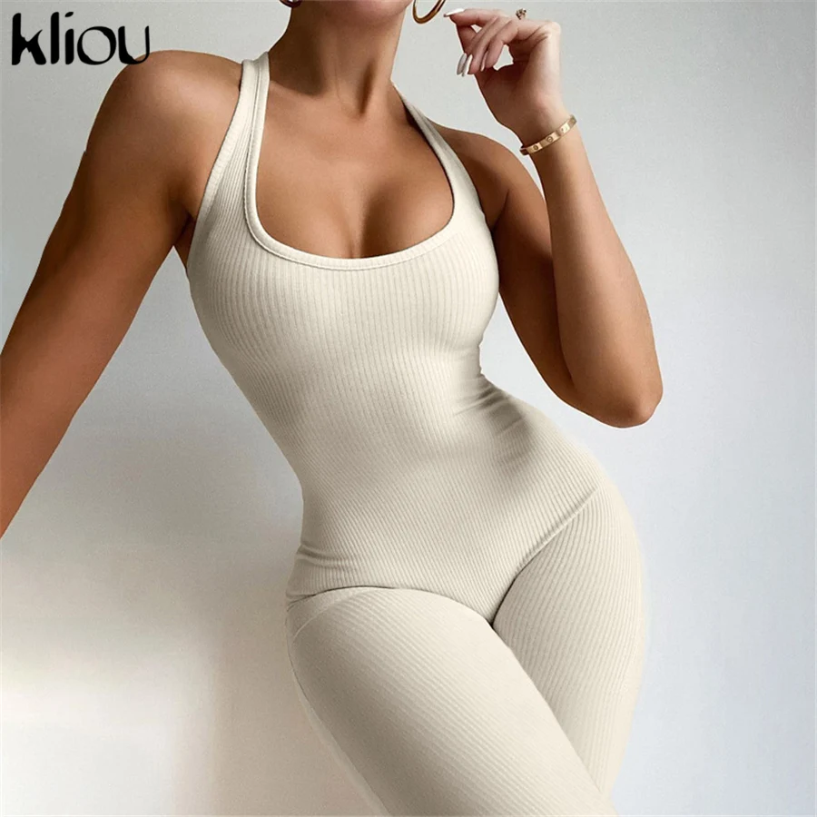 

Kliou Solid Classic Halter Jumpsuit Women Sexy Cleavage Backless Skinny One Piece Outfit Overall Body-shaping Female Clothing