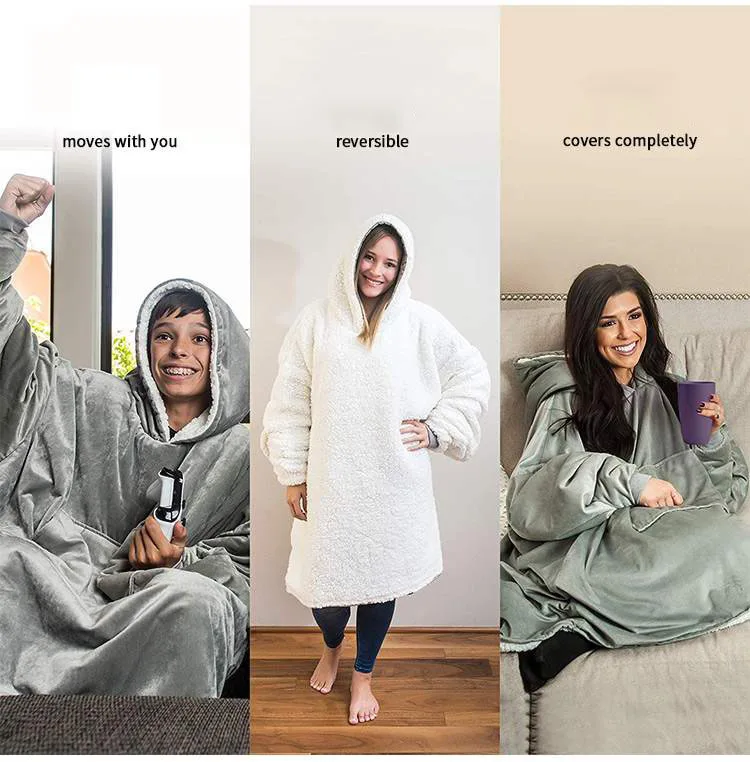 

Super Soft microfiber Plush Coral Fleece Sherpa Blanket With Sleeves Slant Robe Bathrobe Sweatshirt Pullover TV Fleece Blanket