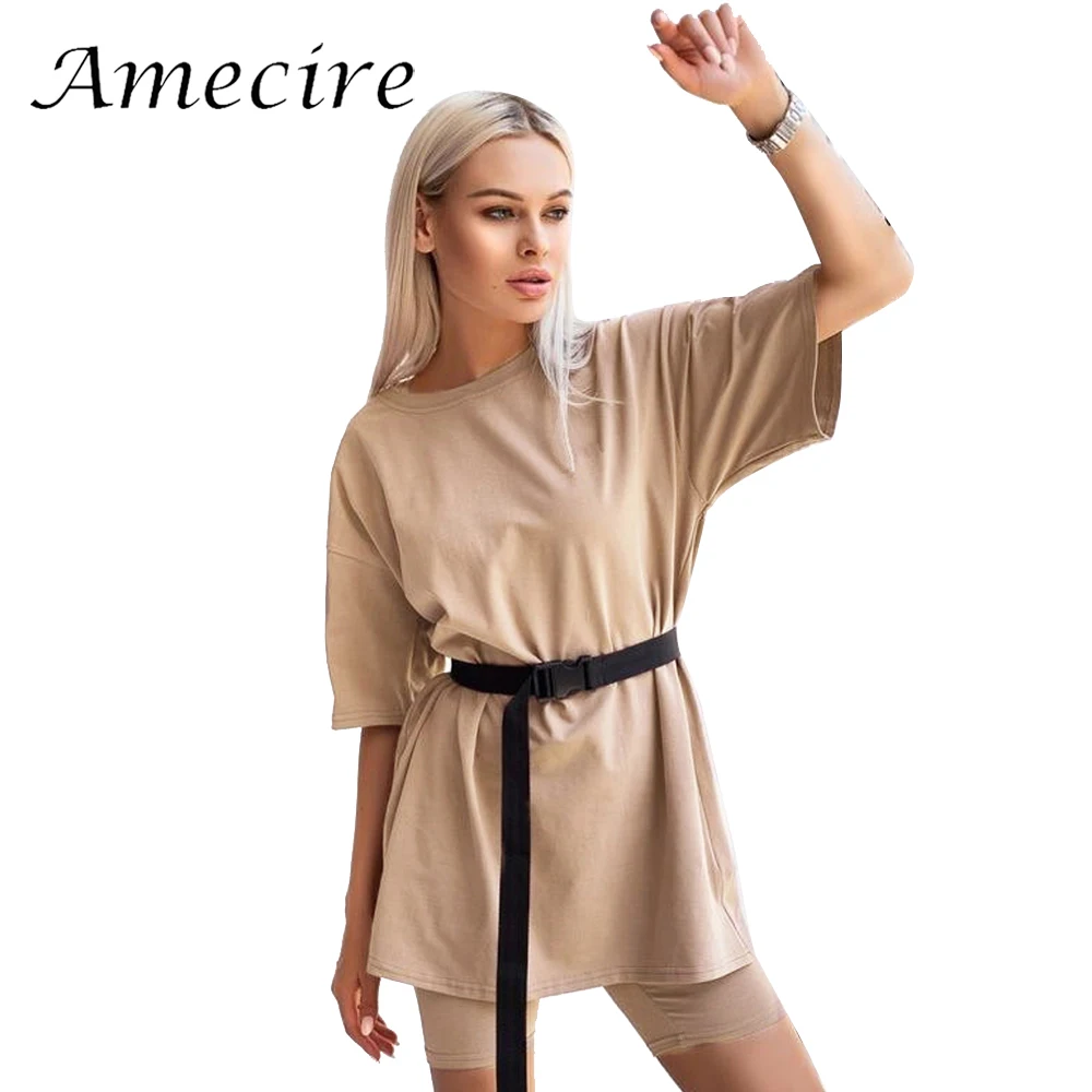 

Женский свободный костюм Amecire, летний комплект из 2 предметов, длинная футболка и велосипедные шорты, Повседневная Уличная одежда для отдыха...