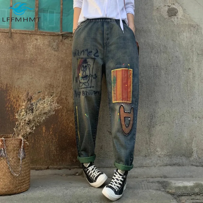 

Women Spring Autumn Fashion Letter Patchwork Cartoon Embroidery Elastic Waist Harem Pants Ankle Length Wild Trouser Female Jeans