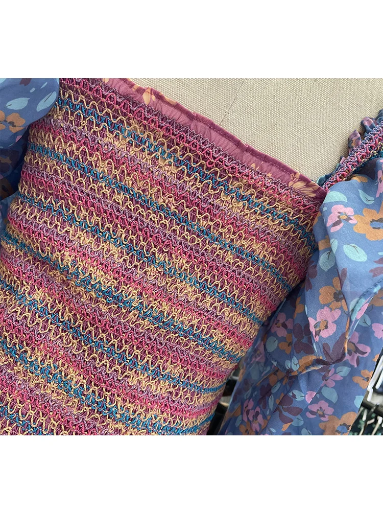 

Sexy frills square collar ruffle elastic waist retro print dress ladies summer new style contrast multi-level ruffled tutu skirt