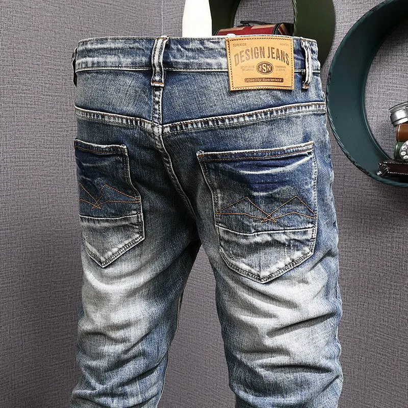 European Vintage Fashion Men Jeans Retro Blue Elastic Slim Fit Ripped Jeans Men Distressed Scratch Designer Casual Denim Pants