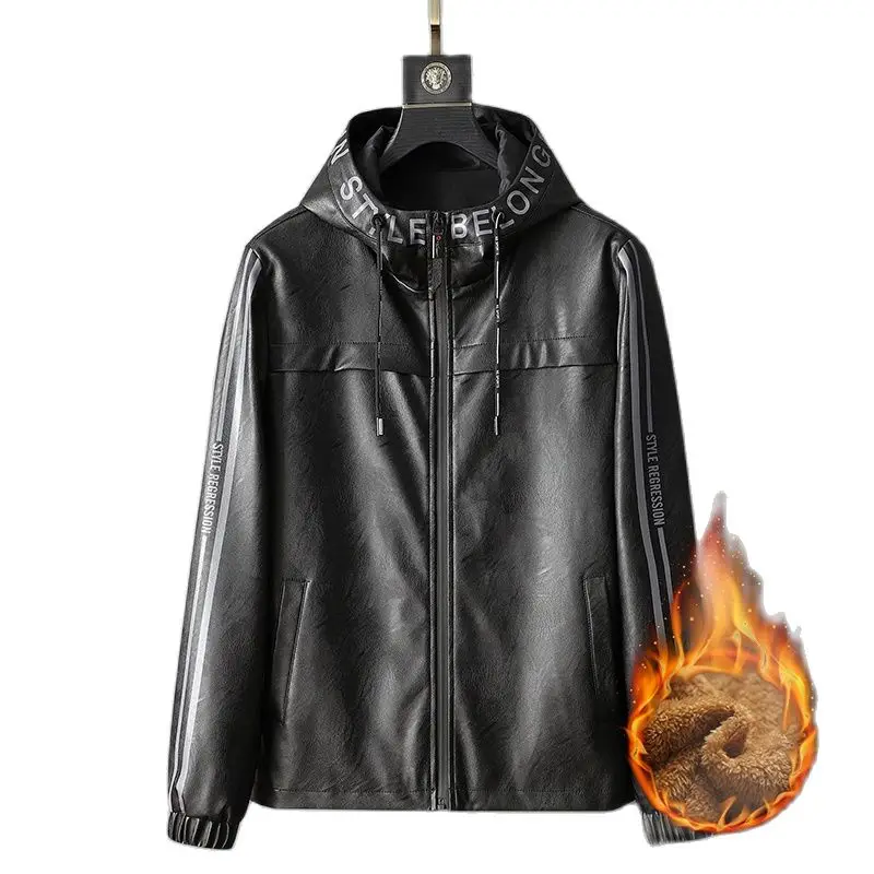 

New Men's Leather Jackets Winter Fleece Casual Motorcycle Hooded Jacket Biker Faux Leather Coats Windbreaker Genuine Jacket