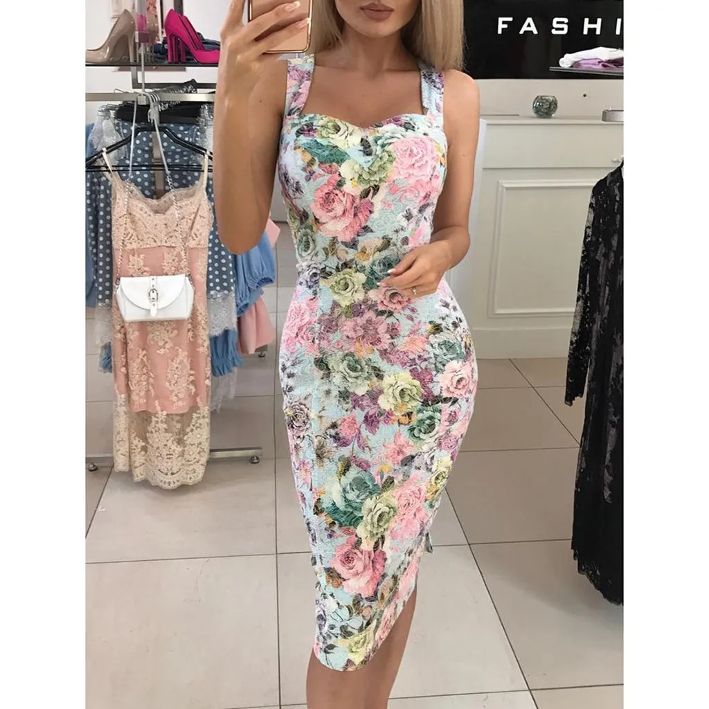 

Summer Dress Women Floral Print 2020 Women Pencil Dress Square Collar Sleeveless Bodycon Dress Sundress Sukienka Vestidos#J30