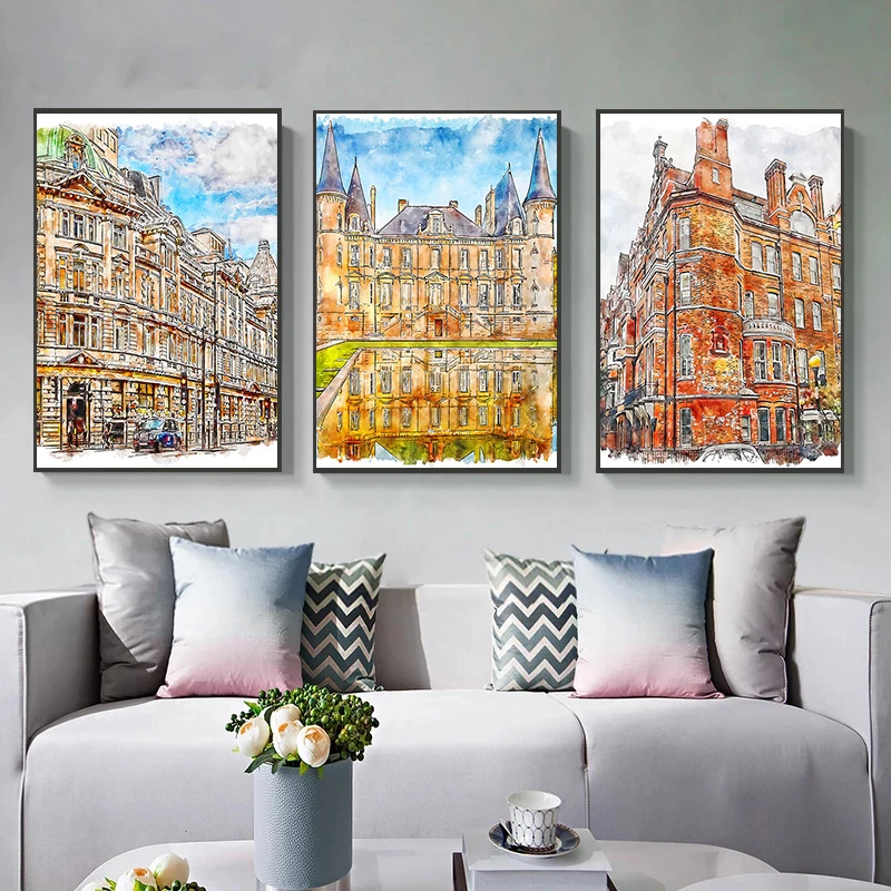 

Famous City Build Landscape Art Canvas Paintings Watercolor London City Big Ben Posters and Prints Wall Art Modern Home Decor