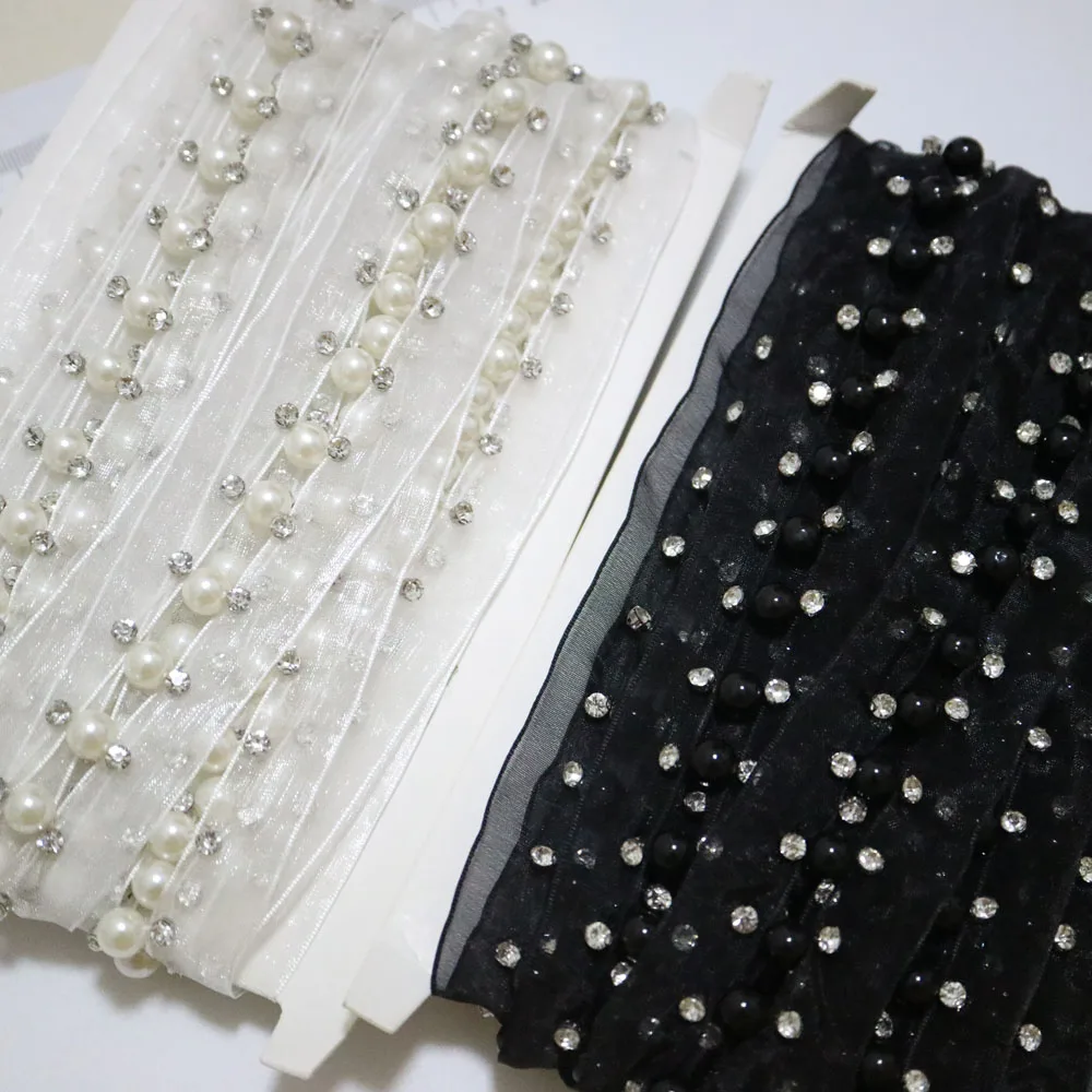 2 ярда бусины ручной работы жемчужная черная белая кружевная отделка для одежды