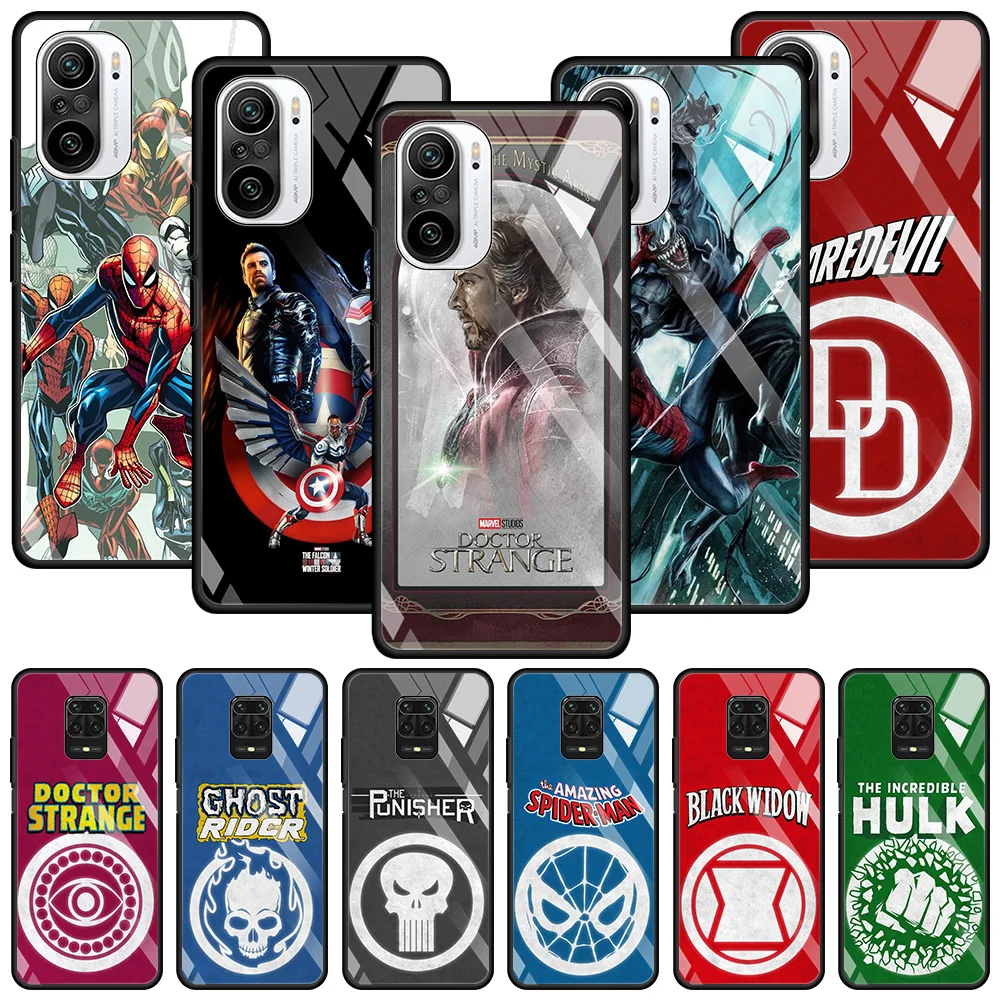 

Marvel Characters Logo Tempered Glass Case For Xiaomi Redmi Note 9S 9T 8T 8 9 10 Pro Max for redmi K20 K30 K40 Pro Plus 9T 9