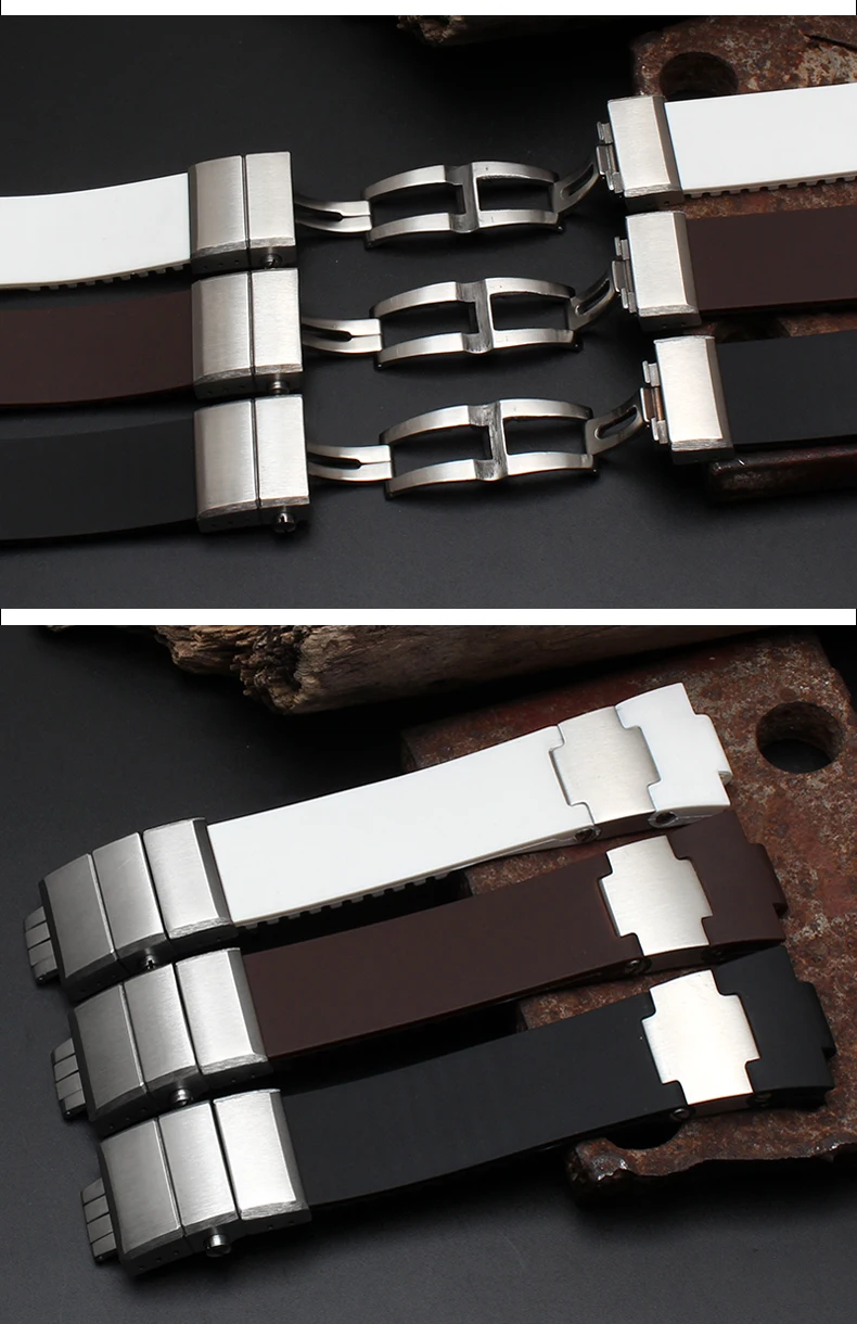 CARLYWET 25mm x 12mm(20mm buckle)Black Brown White Silicone Rubber Watch Band Strap Silver Buckle Clasp For Ulysse Nardin