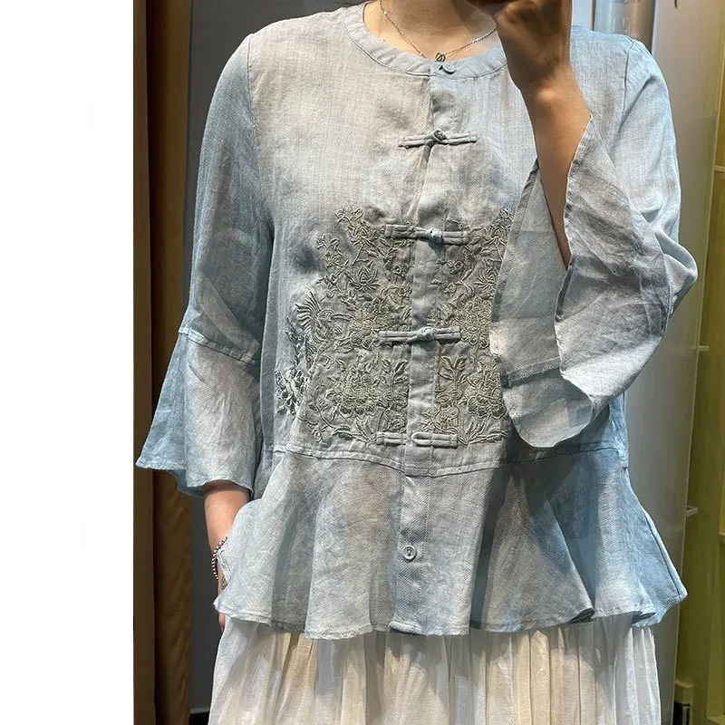 

Nagodo Chinese Clothes Tops 2021 New Summer Large Size Embroidered Button Hanfu Women O-neck Flare Sleeve Chinese Blouse