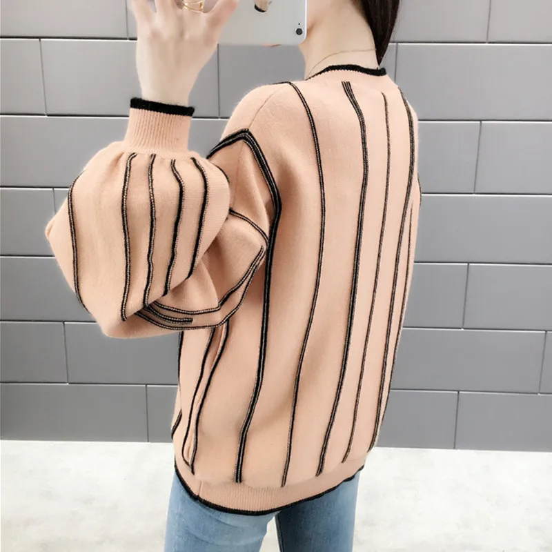 

2021 Autumn and Winter Ladies Loose and Versatile Fashion V-neck Striped Pullover New Knitted Sweater Women's Clothing