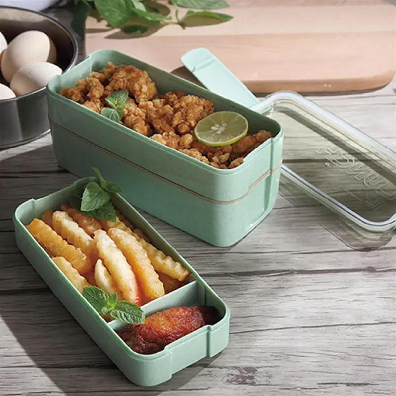 

Three-layer Plastic Box with Fork Spoon Japanese Style Portable Wheat Straw Bento Food Box for Microwave Dinnerware
