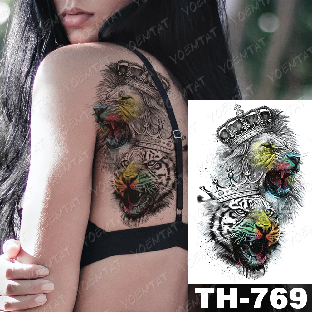 

Waterproof Temporary Tattoo Stickers Color Lion Flower Doodle Flash Tattoos Female Cute Watercolor Body Art Fake Sleeve Tatoo