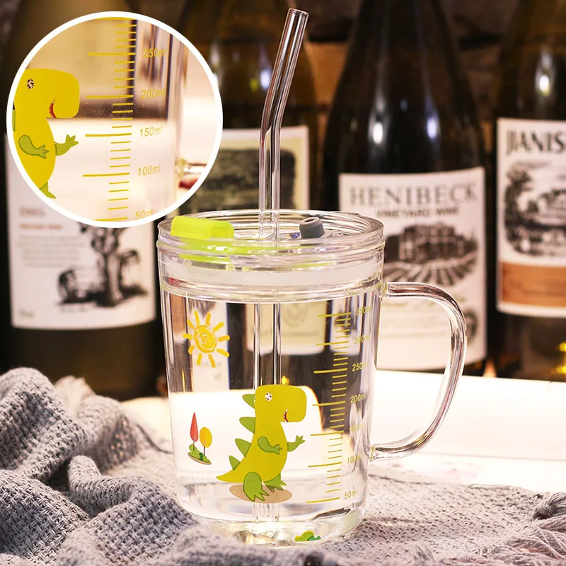 

Portable Japanese Glass Cup Ins Simple Transparent Drinking Glass Cute Cup Milk Mason Jars with Lid and Straw Tazas Cups BN50GC