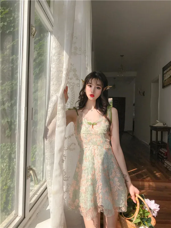 

Fashion Brands Vestidos Prairie Chic Style Summer Dress Mesh Flower Spaghetti Strap Lace Up V-neck Mini-dresses Robe Femme New