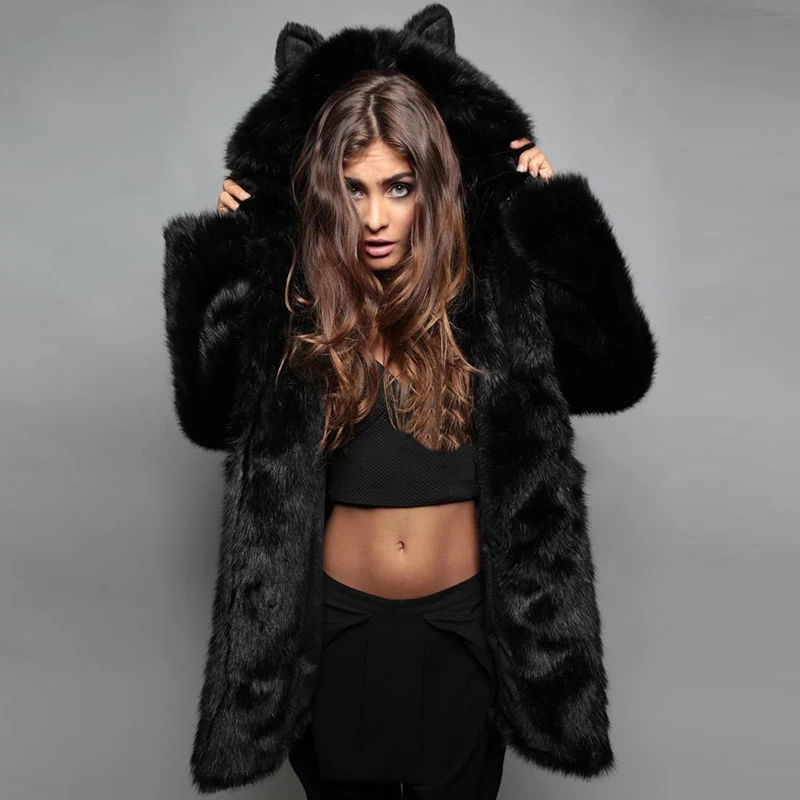 

Faux fur coat mink fur wholesale new European and American rabbit fur collar ladies hooded ears cartoon plush coat B152