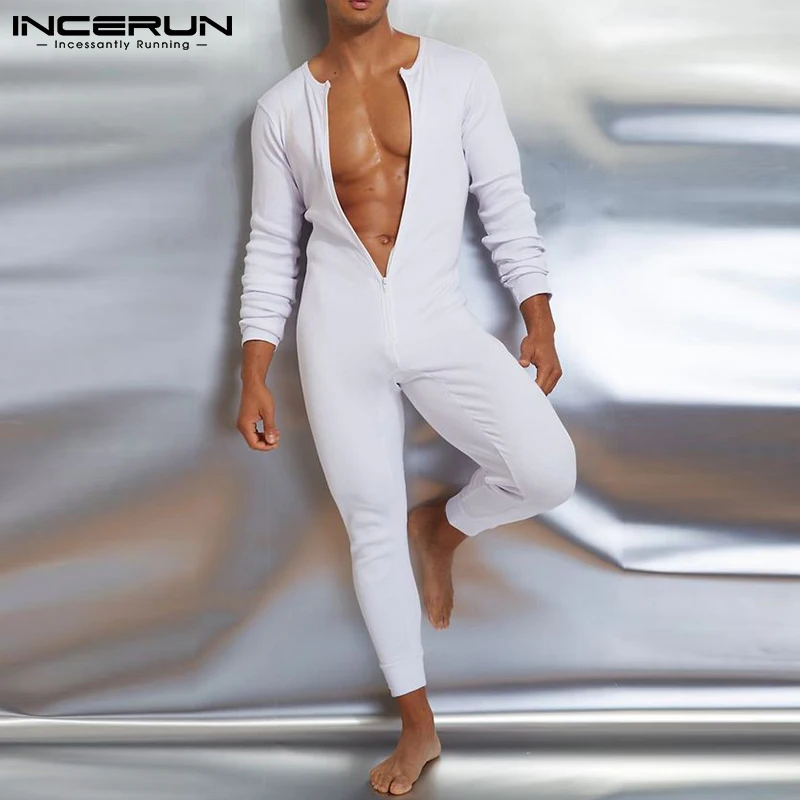 

Пижама Мужская однотонная с длинным рукавом, уютный комбинезон на молнии с круглым вырезом, одежда для сна для отдыха, INCERUN домашний комбине...