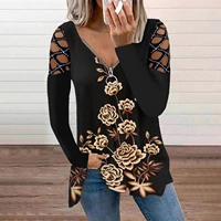 new vintage butterfly rose print t shirt christmas tops streetwear hallow out sleeve black t shirts autumn sequined zipper tee