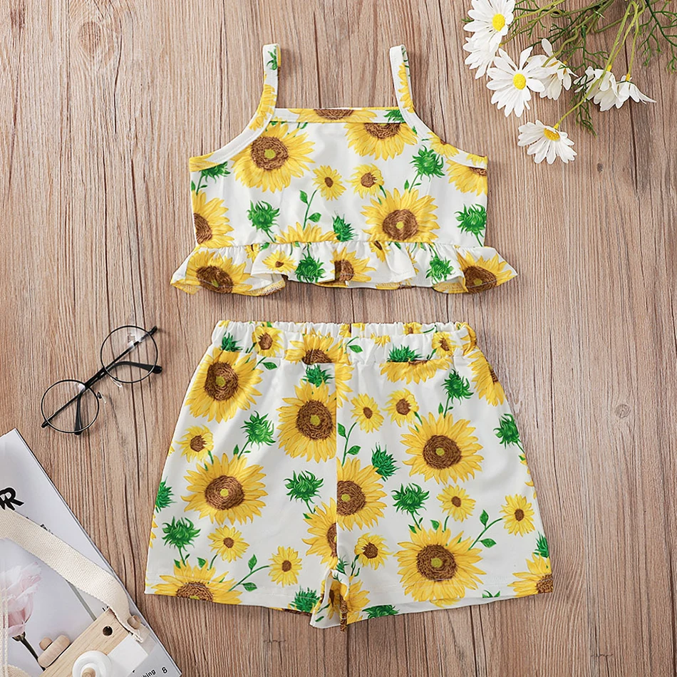 

Casual Summer Girls Clothes Sunflower Print Suits Sleeveless Tops Vest+Shorts 2Pcs Outfit Summer Infant Children Clothing