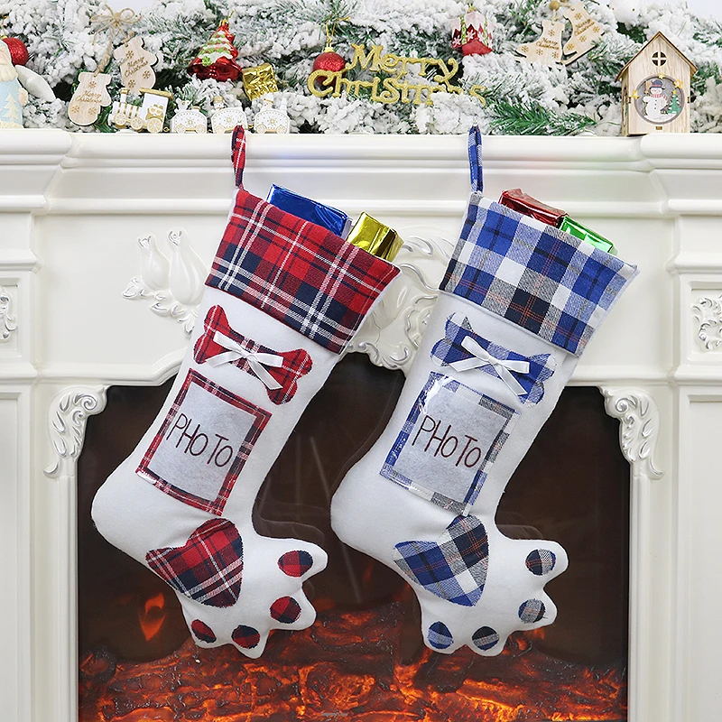 

Christmas Stockings Gift Bag Decor for New Year Plaid Christmas Gift Bags Pet Paw Stocking Socks Xmas Tree Hanging Pendant