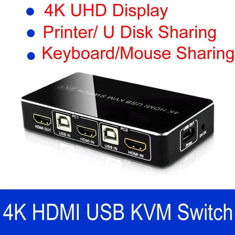 

4K HDMI USB KVM Switch Box Video Converter 2x1 KVM Switcher Splitter for 2 PC Computer Sharing 1 Printer Keyboard Mouse U Disk