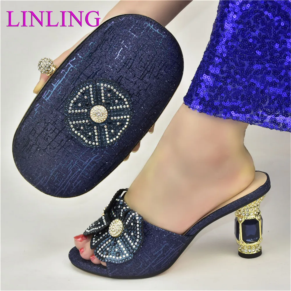

Nigerian 2021 Lastest Italian Design Special Flower Style Decoration Noble Party Women Shoes and Bag Set in Blue Color for Party