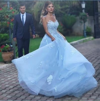 light sky blue a line wedding dress applique lace straps illusion o neck backless long arabic bridal gowns