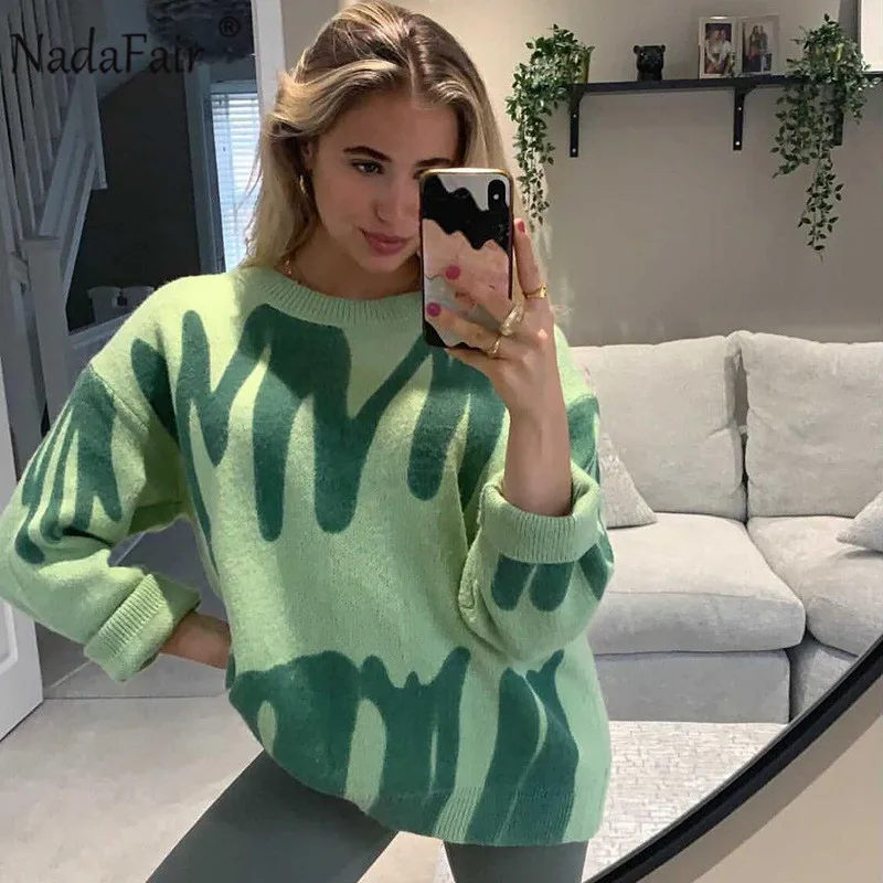 

Nadafair Print Vintage Knitted Sweaters Green Women 2021 Autumn Long Sleeve Knit Pullover Tops Y2K Winter Oversized Long Sweater