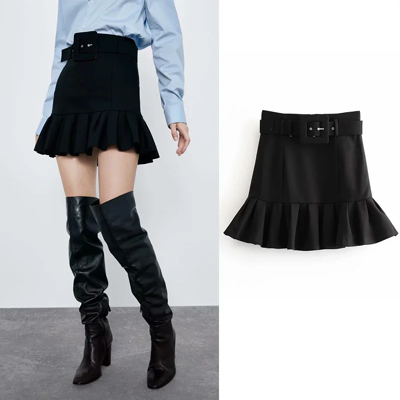 Za труба черная мини юбка с поясом плиссированные юбки женские шикарные ropa mujer